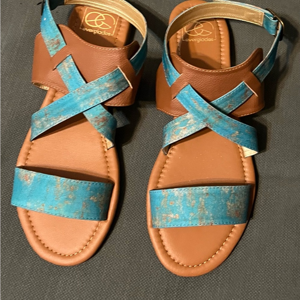 Brown and Blue Cross-Strap Sandals
